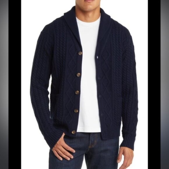 Peter Millar Fisherman’s Cable Shawl Collar CardiganNavy Cashmere Wool Yak Sz L - Picture 11 of 11
